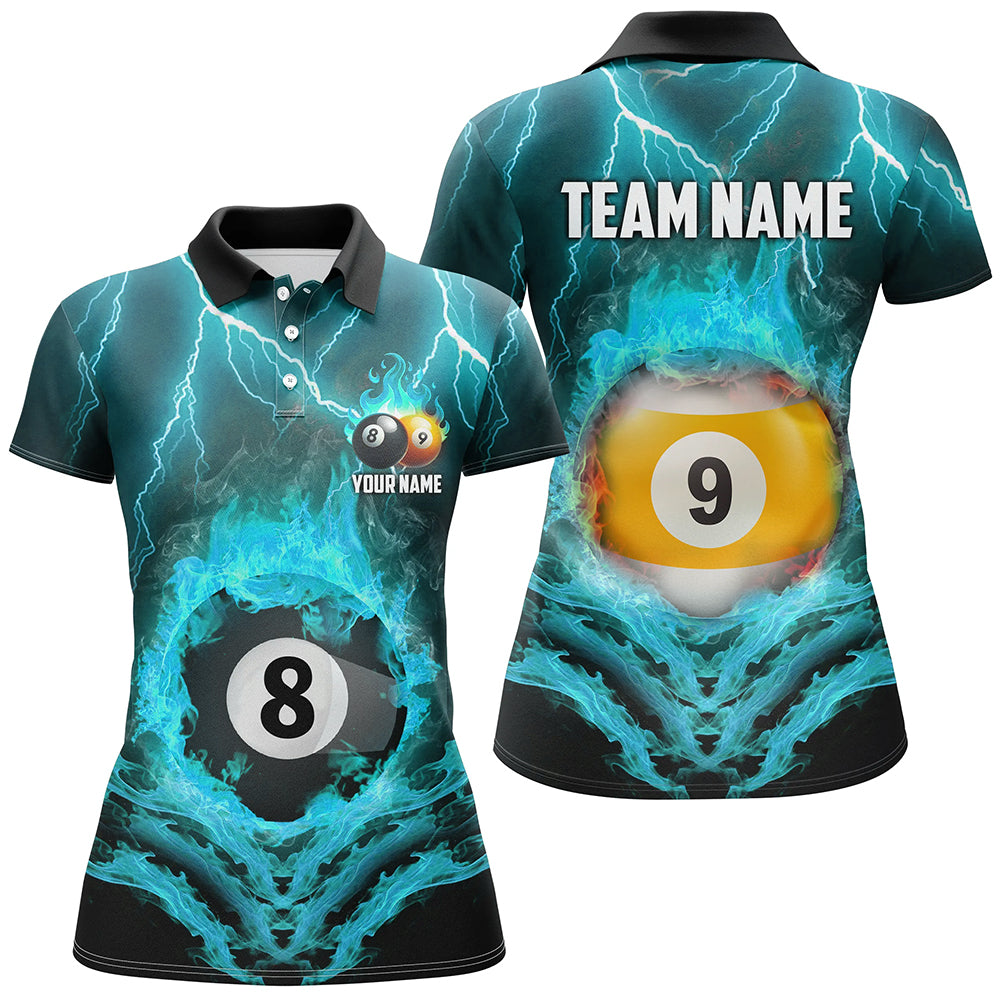 Billiard 8 Ball & 9 Ball Fire Lightning Women Polo & 1/4 Zip Shirts Custom Billiard Jersey |Turquoise TDM1644