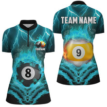 Load image into Gallery viewer, Billiard 8 Ball &amp; 9 Ball Fire Lightning Women Polo &amp; 1/4 Zip Shirts Custom Billiard Jersey |Turquoise TDM1644