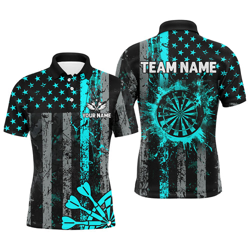 Custom Turquoise Grunge Us Flag Patriotic Darts Shirt For Men, Retro Darts Board Darts Team Jerseys TDM1648