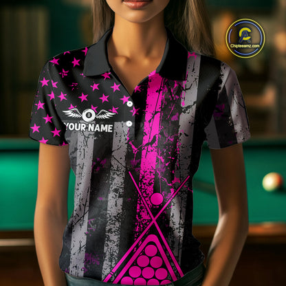 Custom Pink Grunge US Flag Patriotic Billiard Shirts For Women, Retro 8 Ball Pool Billiard Jersey TDM4045