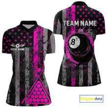 Load image into Gallery viewer, Custom Pink Grunge US Flag Patriotic Billiard Shirts For Women, Retro 8 Ball Pool Billiard Jersey TDM4045