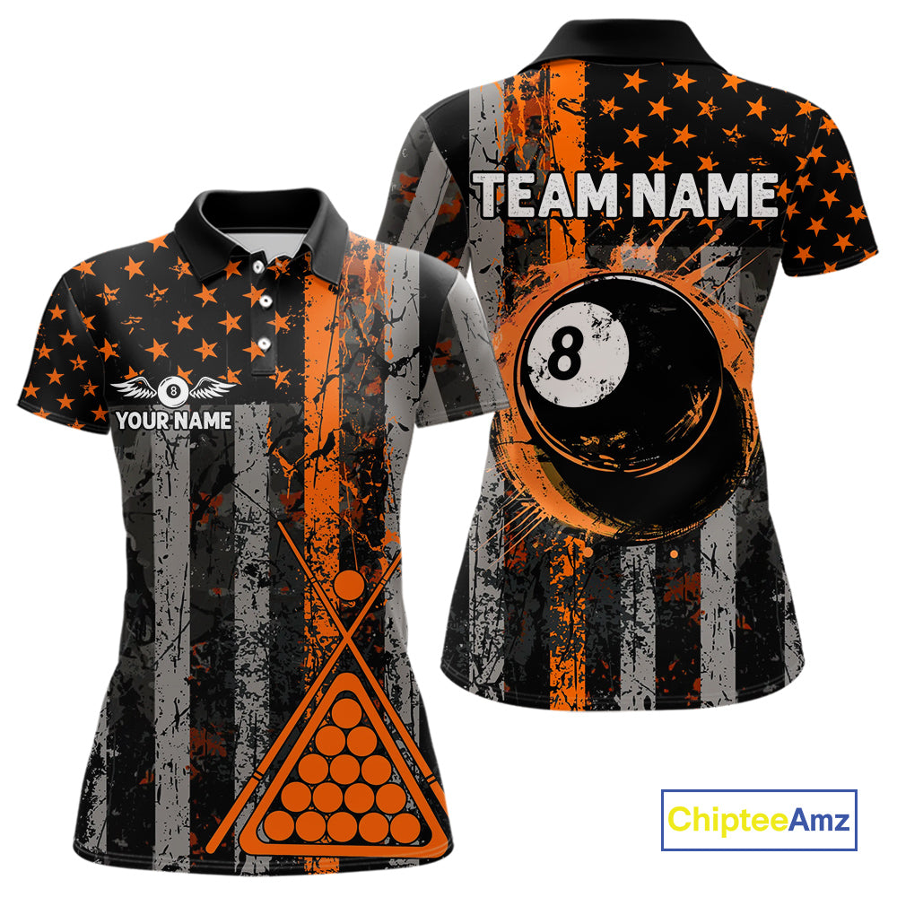 Custom Orange Grunge US Flag Patriotic Billiard Shirts For Women, Retro 8 Ball Pool Billiard Jersey TDM4046