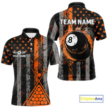 Load image into Gallery viewer, Custom Orange Grunge US Flag Patriotic Billiard Shirts For Men, Retro 8 Ball Pool Billiard Jersey TDM4046