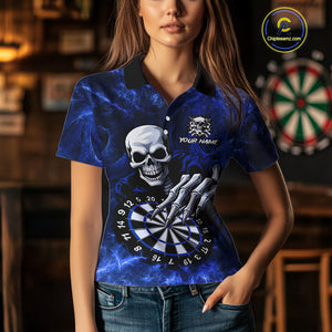 Personalized Blue Funny Skeleton Darts Shirt For Women Custom Skull Darts League Team Jersey TDM4397