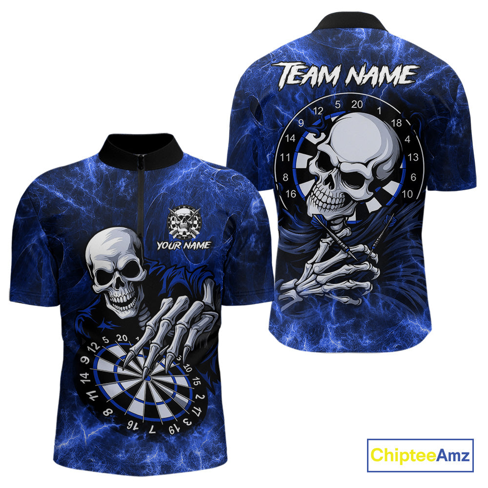 Personalized Blue Funny Skeleton Darts Shirt For Men Custom Skull Darts League Team Jersey TDM4397