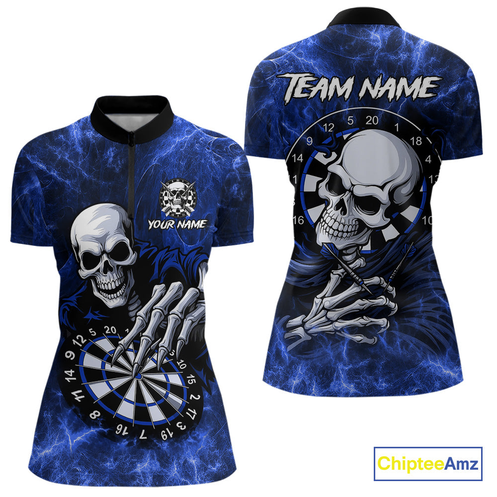 Personalized Blue Funny Skeleton Darts Shirt For Women Custom Skull Darts League Team Jersey TDM4397