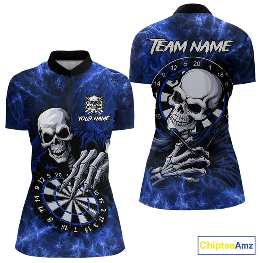 Personalized Blue Funny Skeleton Darts Shirt For Women Custom Skull Darts League Team Jersey TDM4397