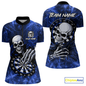 Personalized Blue Funny Skeleton Darts Shirt For Women Custom Skull Darts League Team Jersey TDM4397