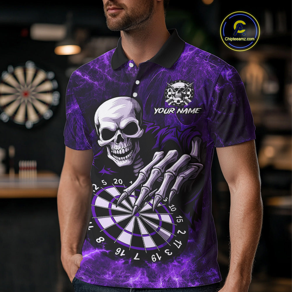 Personalized Purple Funny Skeleton Darts Shirt For Men Custom Skull Darts League Team Jersey TDM4398