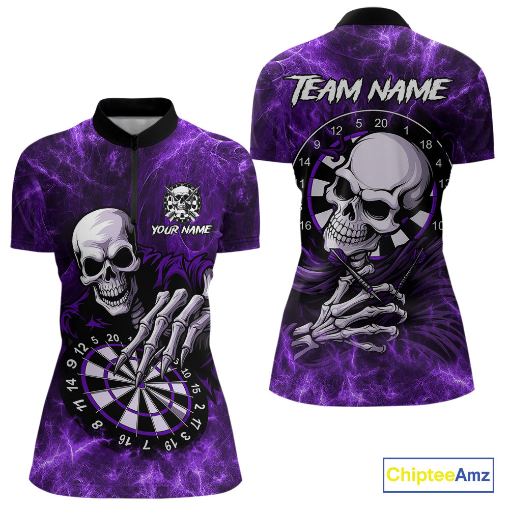 Personalized Purple Funny Skeleton Darts Shirt For Women Custom Skull Darts League Team Jersey TDM4398