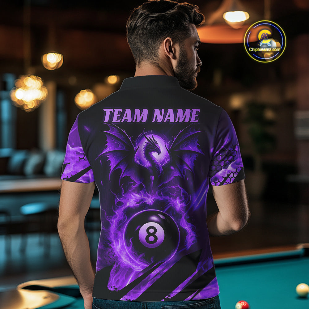 Personalized Purple Flame Dragon 8 Ball Billiard Shirt For Men, Pool Team Jersey Polo & 1/4 Zip TDM4401