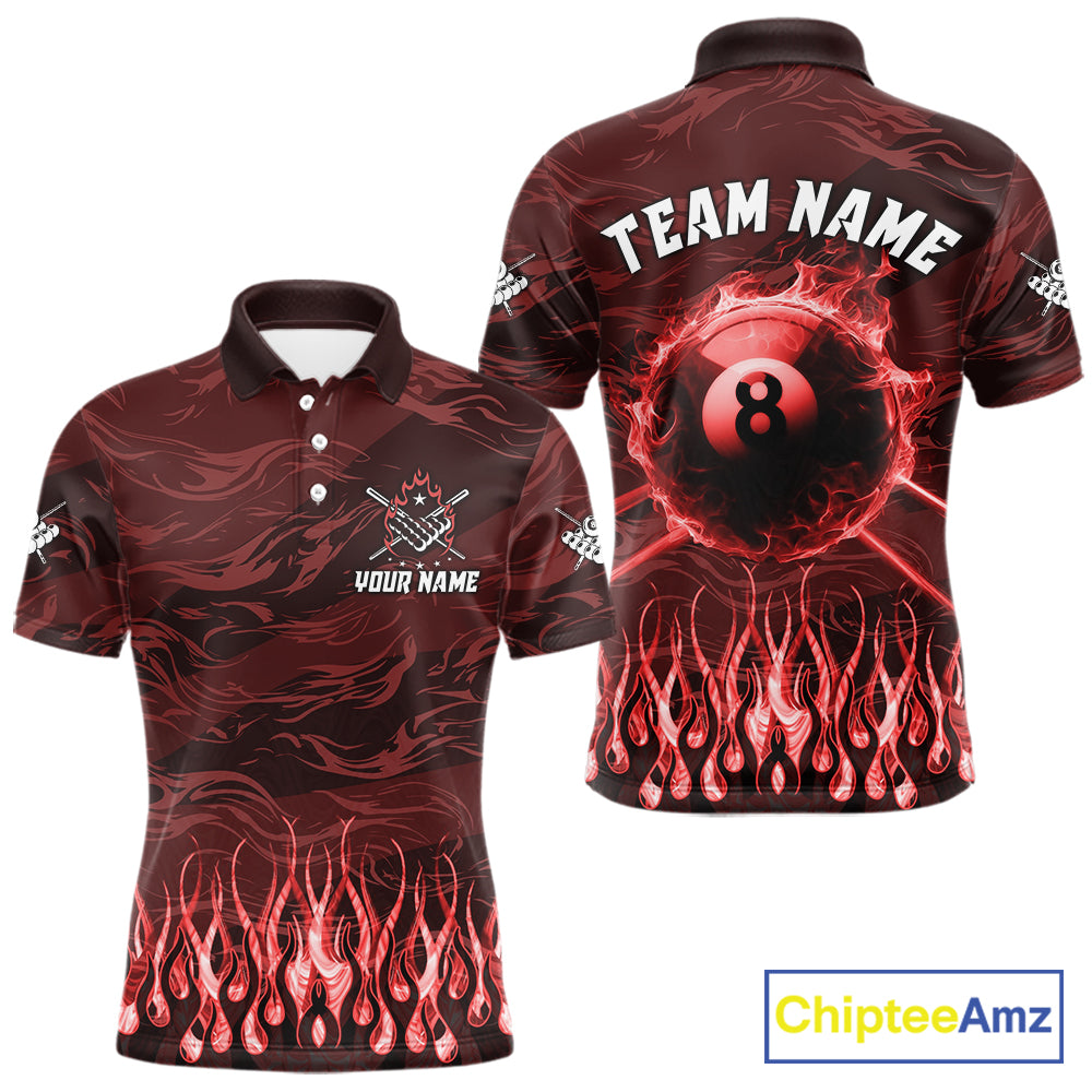 Personalized Red Flaming 8 Ball Pool Fire Billiard Polo Shirt Featuring Dynamic Flame Artwork for Pool League Players, Team Matches, and Tournament Competition