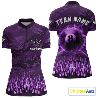 Personalized Purple Flaming 8 Ball Pool Fire Quarter Zip Billiard Shirt Created for Pool League Teams with Custom Jersey Design and Performance Fabric