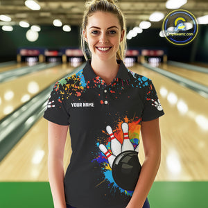 Personalized Colorful Paint Splash Bowling Shirt For Women, Funny Bowling Team Jersey Polo, 1/4 Zip TDM4637