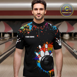 Personalized Colorful Paint Splash Bowling Shirt For Men, Funny Bowling Team Jersey Polo, 1/4 Zip TDM4637