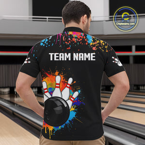 Personalized Colorful Paint Splash Bowling Shirt For Men, Funny Bowling Team Jersey Polo, 1/4 Zip TDM4637