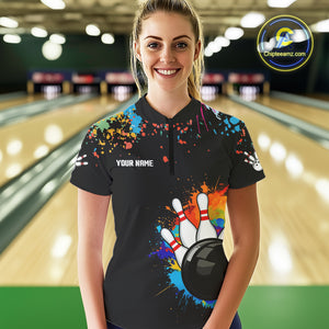 Personalized Colorful Paint Splash Bowling Shirt For Women, Funny Bowling Team Jersey Polo, 1/4 Zip TDM4637