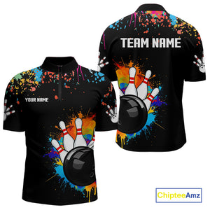 Personalized Colorful Paint Splash Bowling Shirt For Men, Funny Bowling Team Jersey Polo, 1/4 Zip TDM4637