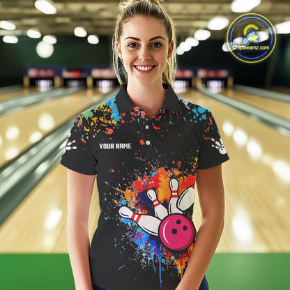 Funny Colorful Bowling Shirt For Women Custom Bowling Team Jersey Outfit Polo & Quarter Zip |Black TDM4638