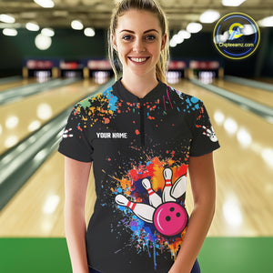 Funny Colorful Bowling Shirt For Women Custom Bowling Team Jersey Outfit Polo & Quarter Zip |Black TDM4638