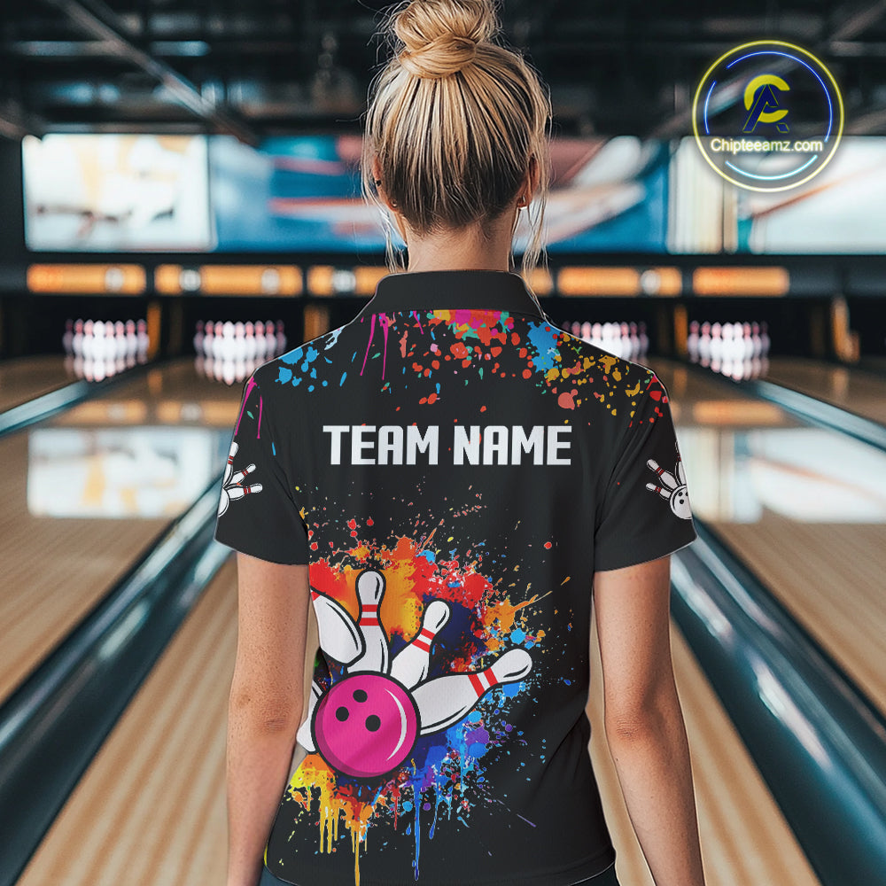 Funny Colorful Bowling Shirt For Women Custom Bowling Team Jersey Outfit Polo & Quarter Zip |Black TDM4638