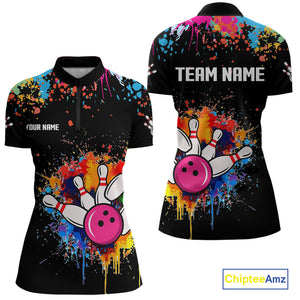 Funny Colorful Bowling Shirt For Women Custom Bowling Team Jersey Outfit Polo & Quarter Zip |Black TDM4638