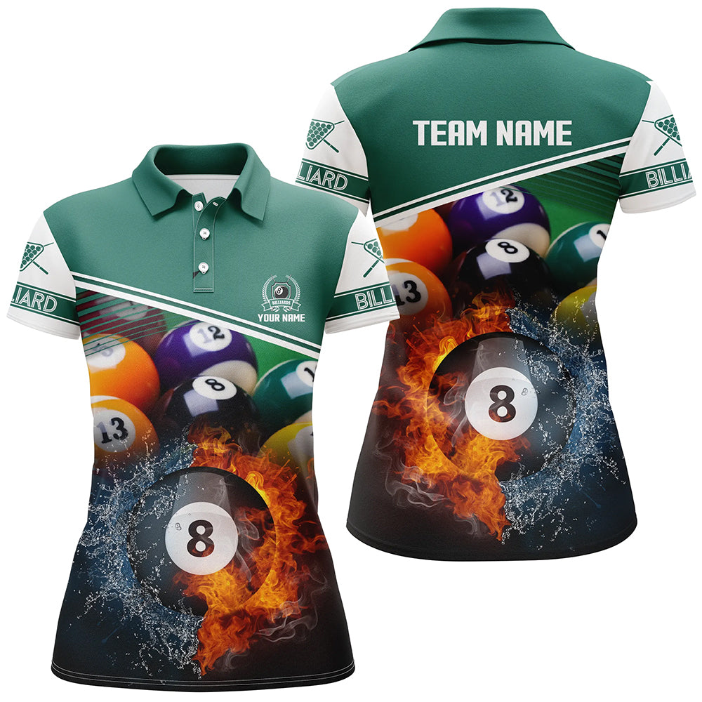 Custom Name Billiard 8 Ball In Fire And Water 3D  Polo Shirts For Women, Gifts For Billiard Player TDM0160