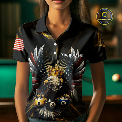 Personalized Crown American Flag Eagle 8, 9 & 10 Ball Pool Shirt For Women, Billiard Team Jersey TDM5044