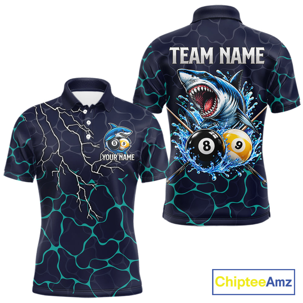Blue Funny Shark 8 Ball & 9 Ball Lightning Billiard Shirts For Men Custom Pool Team Jersey TDM7948