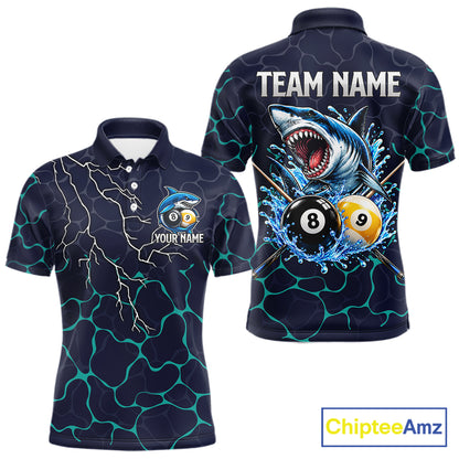 Blue Funny Shark 8 Ball & 9 Ball Lightning Billiard Shirts For Men Custom Pool Team Jersey TDM7948