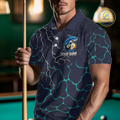 Blue Funny Shark 8 Ball & 9 Ball Lightning Billiard Shirts For Men Custom Pool Team Jersey TDM7948