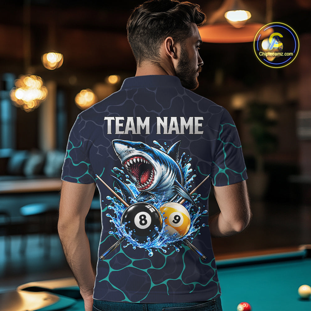 Blue Funny Shark 8 Ball & 9 Ball Lightning Billiard Shirts For Men Custom Pool Team Jersey TDM7948