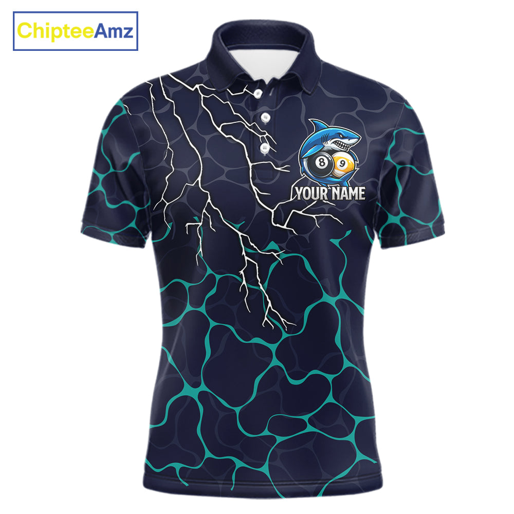 Blue Funny Shark 8 Ball & 9 Ball Lightning Billiard Shirts For Men Custom Pool Team Jersey TDM7948