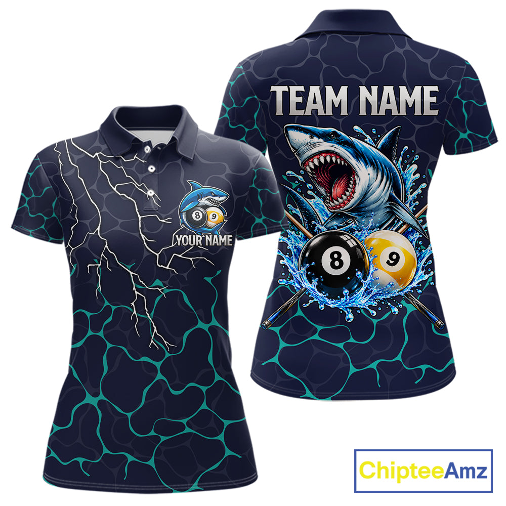 Blue Funny Shark 8 Ball & 9 Ball Lightning Billiard Shirts For Women Custom Pool Team Jersey TDM7948