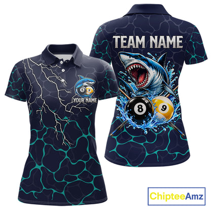 Blue Funny Shark 8 Ball & 9 Ball Lightning Billiard Shirts For Women Custom Pool Team Jersey TDM7948