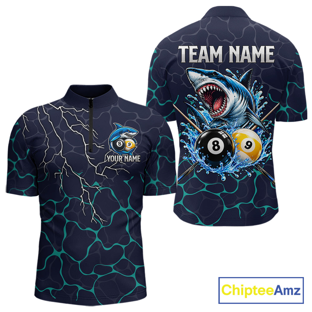 Blue Funny Shark 8 Ball & 9 Ball Lightning Billiard Shirts For Men Custom Pool Team Jersey TDM7948