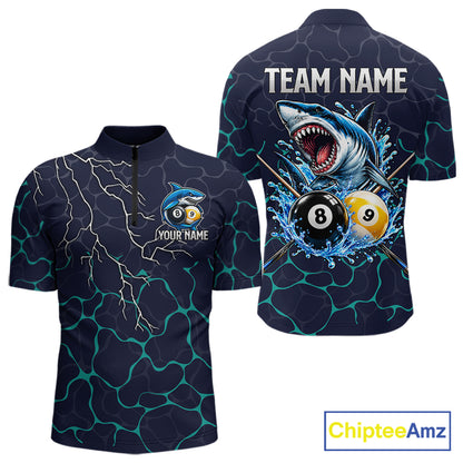 Blue Funny Shark 8 Ball & 9 Ball Lightning Billiard Shirts For Men Custom Pool Team Jersey TDM7948