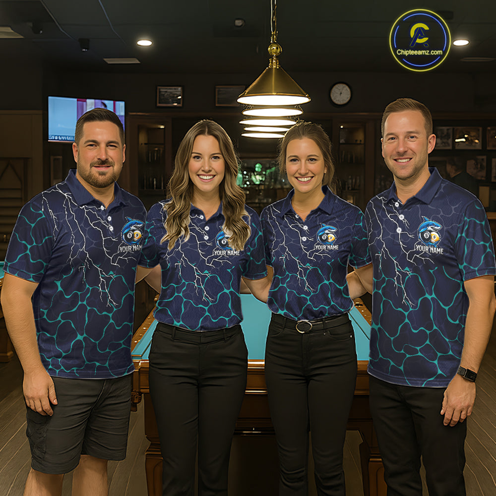 Blue Funny Shark 8 Ball & 9 Ball Lightning Billiard Shirts For Women Custom Pool Team Jersey TDM7948