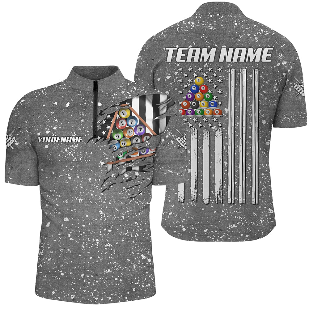 Personalized Grey Grunge American Flag Billiard Shirts For Men, Patriotic Billiard Pool Jerseys TDM3281