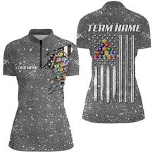 Load image into Gallery viewer, Personalized Grey Grunge American Flag Billiard Shirts For Women, Patriotic Billiard Pool Jerseys TDM3281