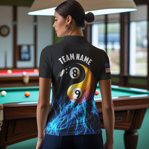 Blue Flaming Ying And Yang 8 Ball & 9 Ball Billiard Shirts For Women Custom Pool Billiard Jerseys TDM3617