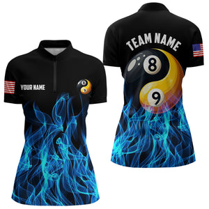 Blue Flaming Ying And Yang 8 Ball & 9 Ball Billiard Shirts For Women Custom Pool Billiard Jerseys TDM3617
