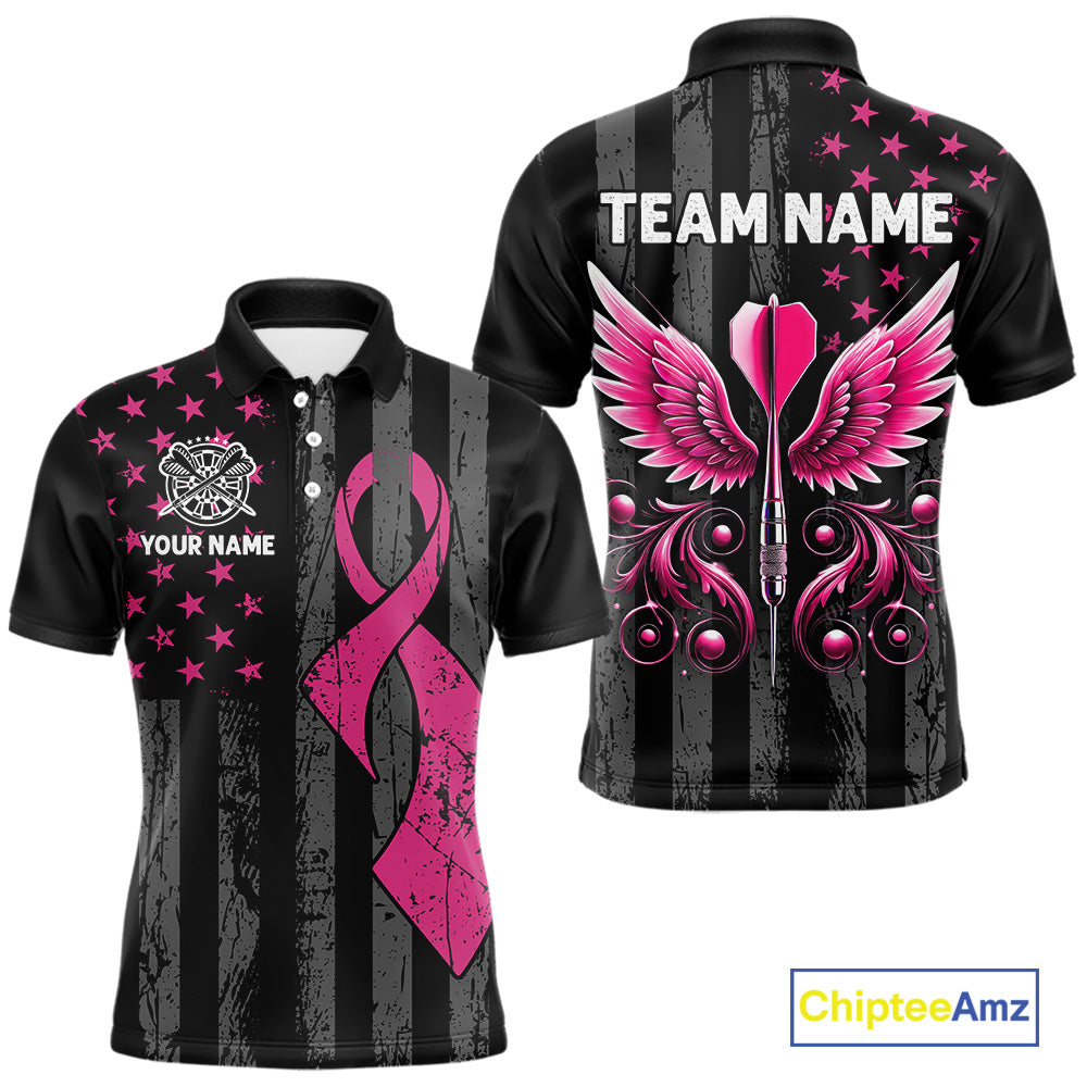 Custom Pink Ribbon Wings Darts Shirt For Men, US Flag Breast Cancer Darts Jersey Polo & 1/4 Zip TDM6377