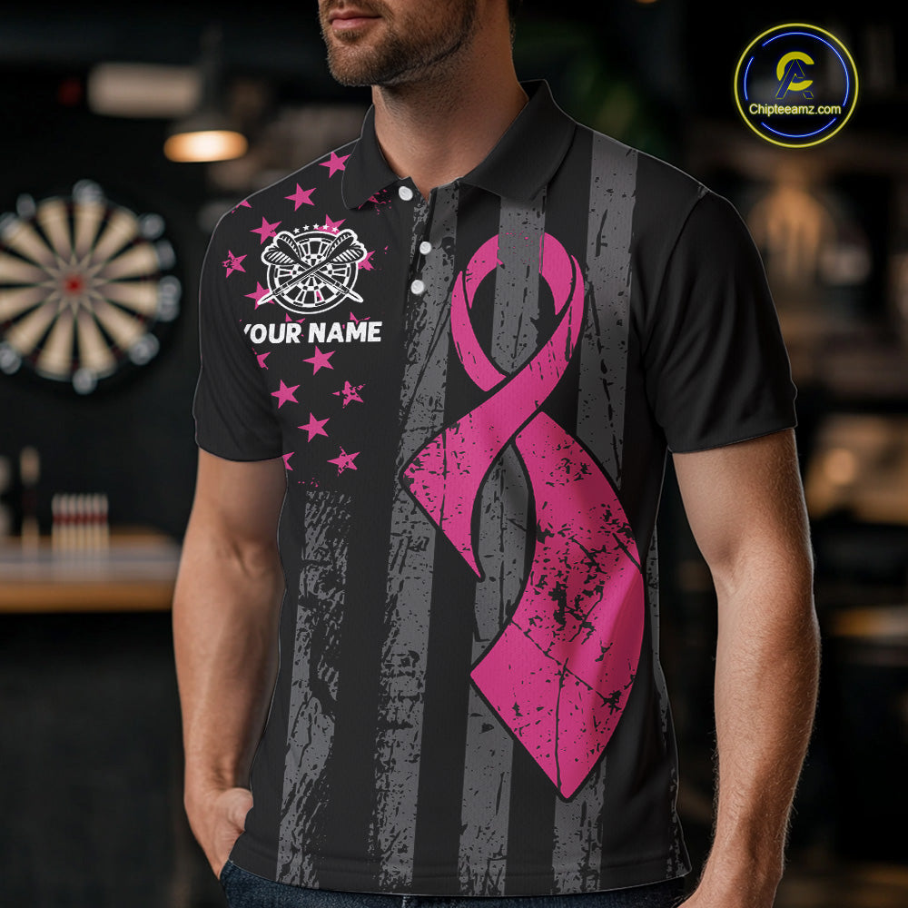Custom Pink Ribbon Wings Darts Shirt For Men, US Flag Breast Cancer Darts Jersey Polo & 1/4 Zip TDM6377