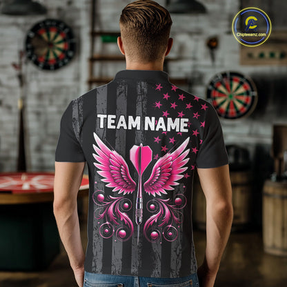 Custom Pink Ribbon Wings Darts Shirt For Men, US Flag Breast Cancer Darts Jersey Polo & 1/4 Zip TDM6377