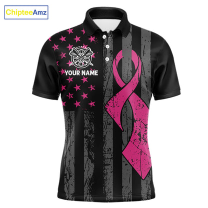 Custom Pink Ribbon Wings Darts Shirt For Men, US Flag Breast Cancer Darts Jersey Polo & 1/4 Zip TDM6377