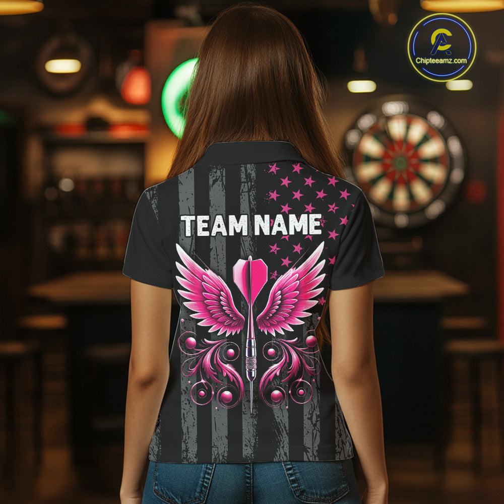 Custom Pink Ribbon Wings Darts Shirt For Women, US Flag Breast Cancer Darts Jersey Polo & 1/4 Zip TDM6377