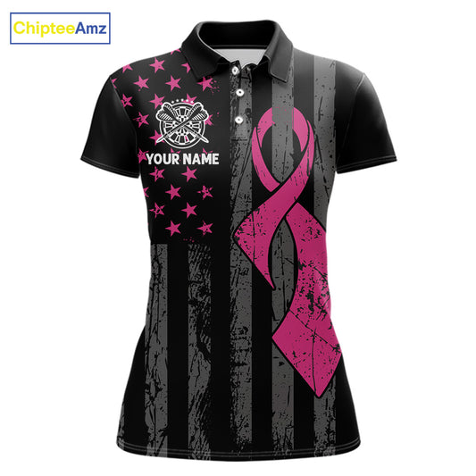 Custom Pink Ribbon Wings Darts Shirt For Women, US Flag Breast Cancer Darts Jersey Polo & 1/4 Zip TDM6377