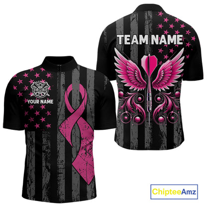 Custom Pink Ribbon Wings Darts Shirt For Men, US Flag Breast Cancer Darts Jersey Polo & 1/4 Zip TDM6377