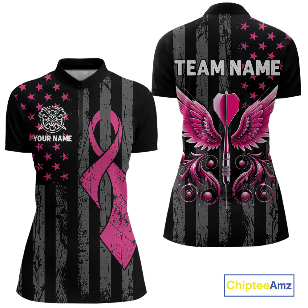Custom Pink Ribbon Wings Darts Shirt For Women, US Flag Breast Cancer Darts Jersey Polo & 1/4 Zip TDM6377